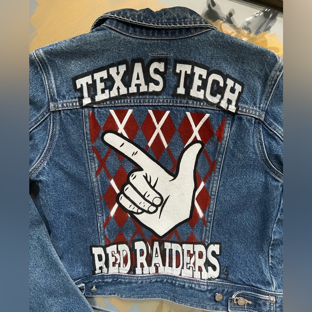 Calvin Klein Blue Denim Jacket with Red & White Texas Tech Patch
